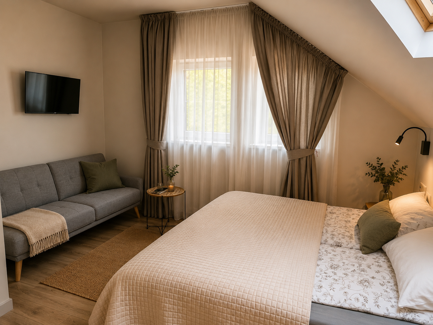 „Miško paslaptis“ erdvus kambarys su sofa (tinka šeimai)